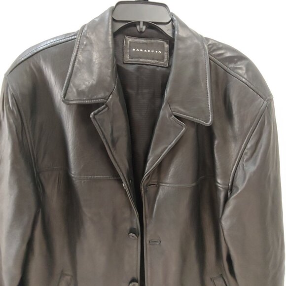 Baracuta Men’s Soft Leather Jacket Size XL Solid Black Button Up Overcoat - Picture 2 of 7